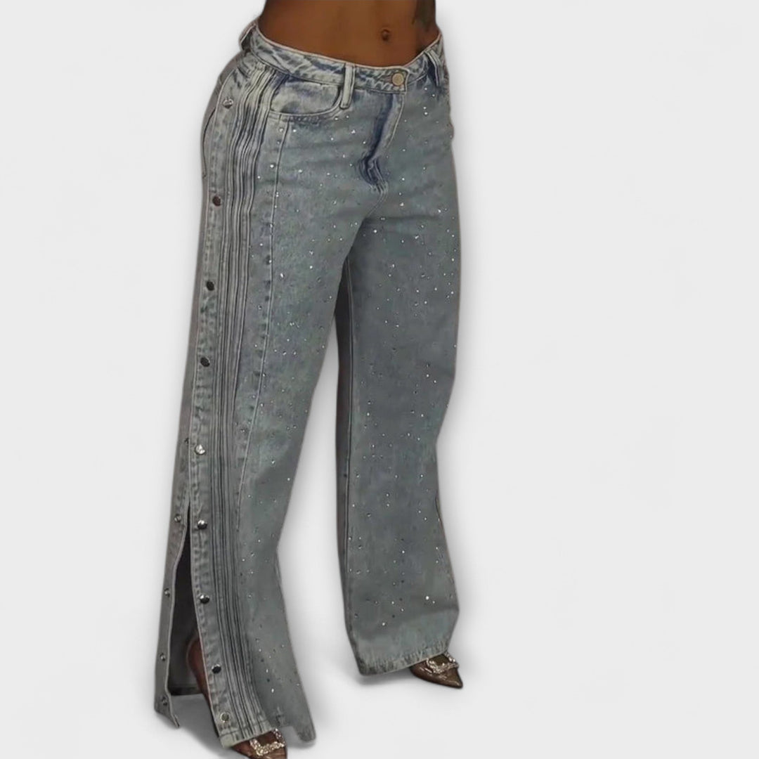 Mirella Rosa™ | Jeans a Vita Alta con Decorazioni in Strass e Bottoni Laterali