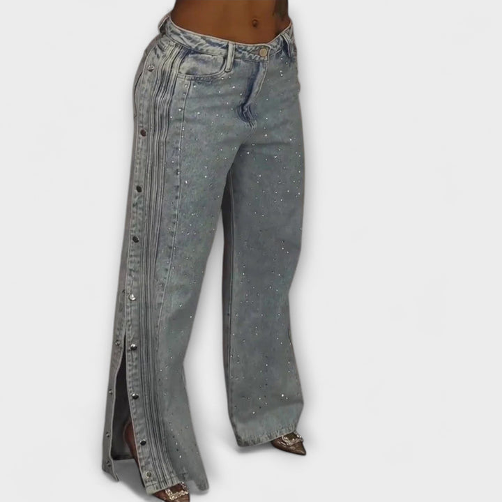 Mirella Rosa™ | Jeans a Vita Alta con Decorazioni in Strass e Bottoni Laterali
