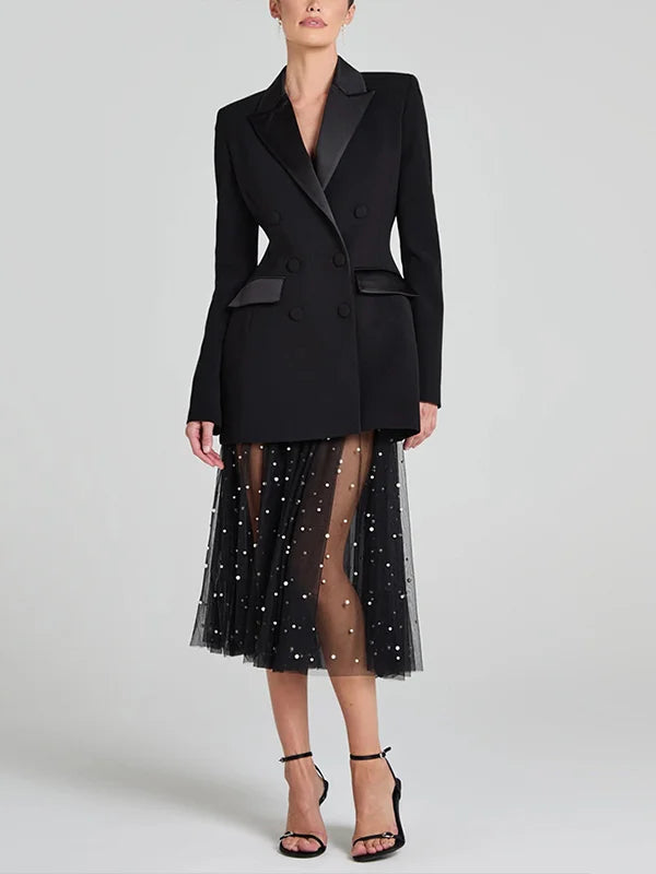 Mariella™ | Blazer reversibile in satin nero con doppia fila di bottoni