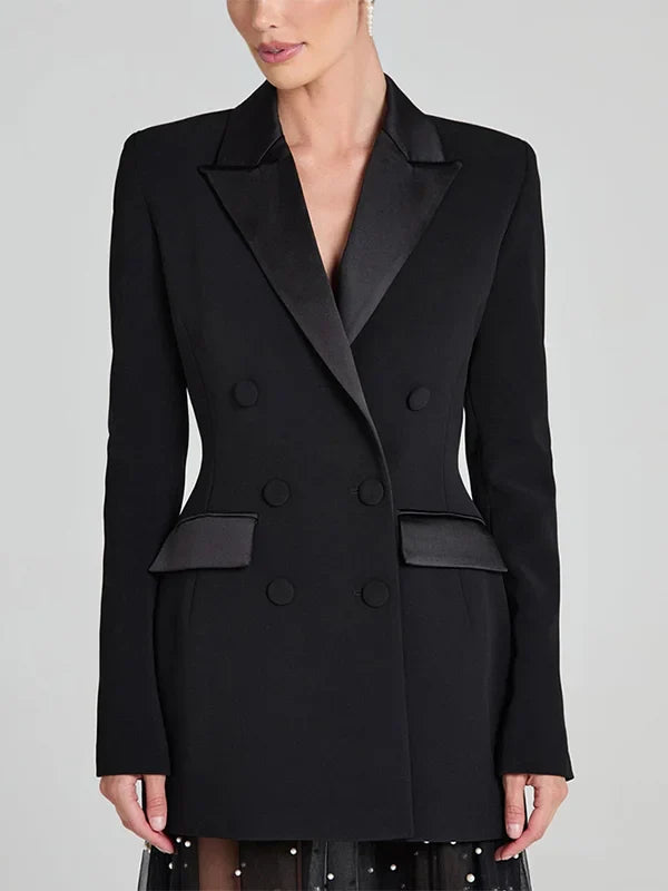 Mariella™ | Blazer reversibile in satin nero con doppia fila di bottoni