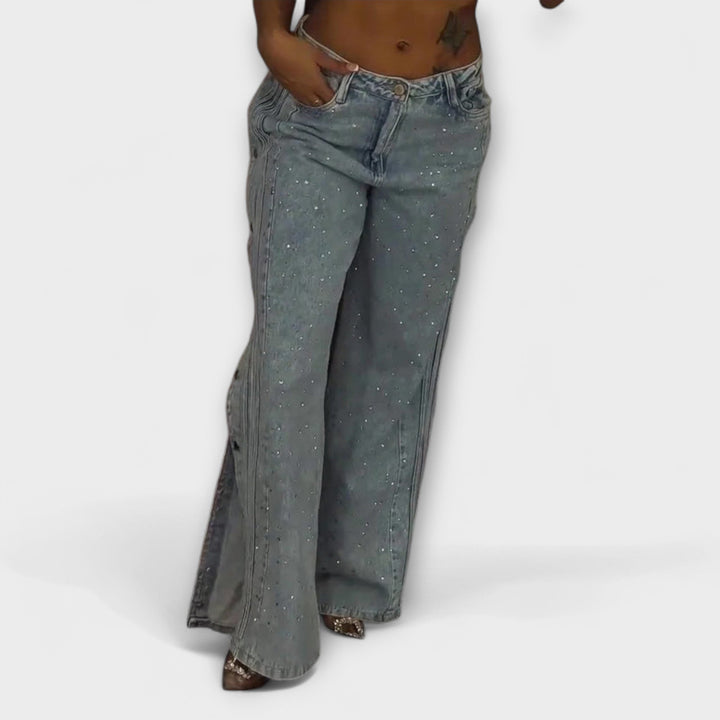 Mirella Rosa™ | Jeans a Vita Alta con Decorazioni in Strass e Bottoni Laterali