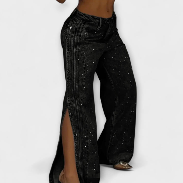 Mirella Rosa™ | Jeans a Vita Alta con Decorazioni in Strass e Bottoni Laterali